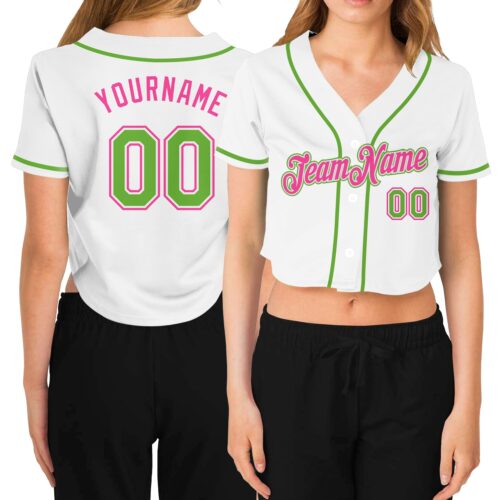Cropped0112 Custom Women's White Neon Green-Pink V-Neck Cropped Baseball Jersey