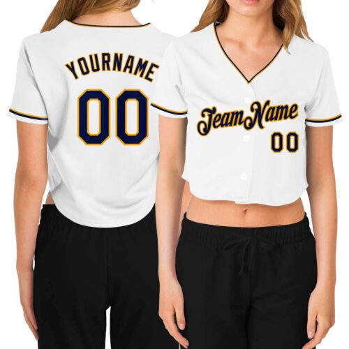 Cropped0113 Custom Women's White Navy-Gold V-Neck Cropped Baseball Jersey