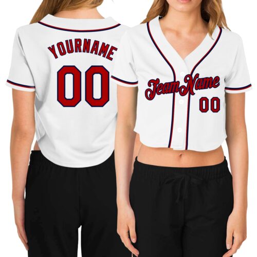 Cropped0114 Custom Women's White Red-Navy V-Neck Cropped Baseball Jersey