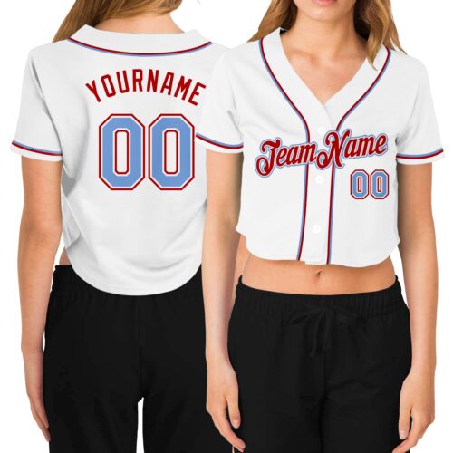 Cropped0115 Custom Women's White Light Blue-Red V-Neck Cropped Baseball Jersey