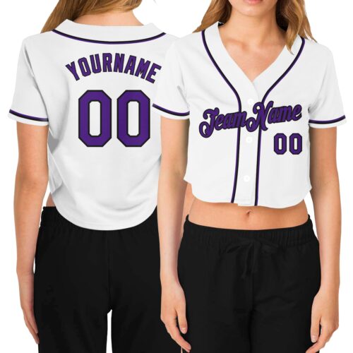 Cropped0116 Custom Women's White Purple-Black V-Neck Cropped Baseball Jersey
