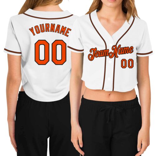 Cropped0119 Custom Women's White Orange-Black V-Neck Cropped Baseball Jersey