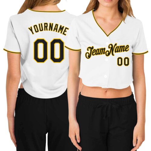 Cropped0120 Custom Women's White Black-Gold V-Neck Cropped Baseball Jersey