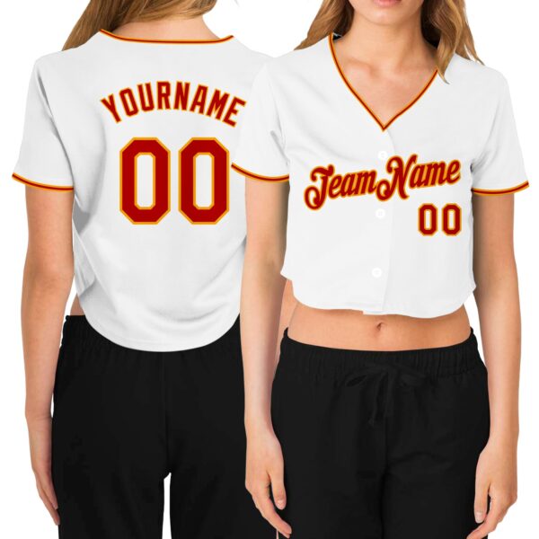 Custom Women's White Red-Gold V-Neck Cropped Baseball Jersey