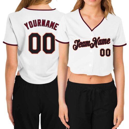 Cropped0122 Custom Women's White Black Crimson-Cream V-Neck Cropped Baseball Jersey