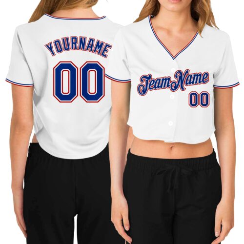 Cropped0123 Custom Women's White Royal-Red V-Neck Cropped Baseball Jersey