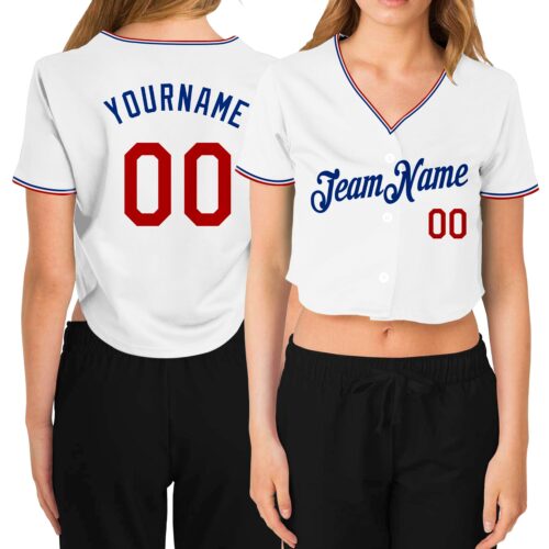 Cropped0124 Custom Women's White Red-Royal V-Neck Cropped Baseball Jersey