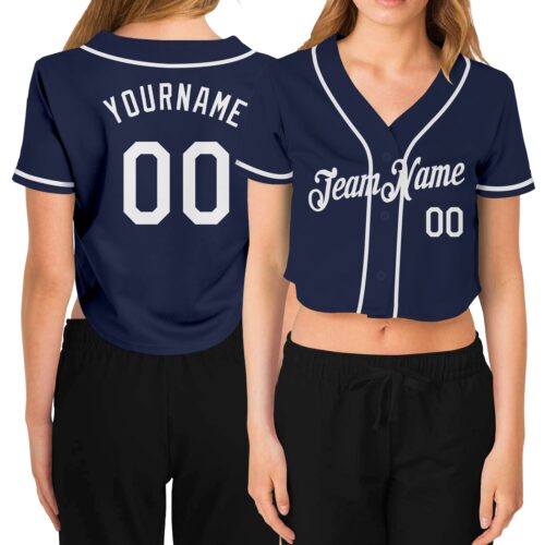 Cropped0128 Custom Women's Navy White V-Neck Cropped Baseball Jersey
