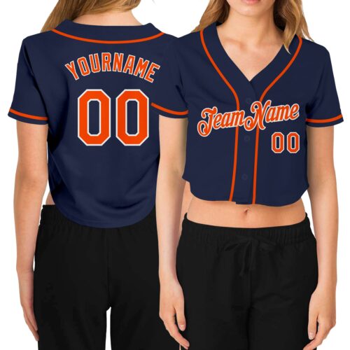 Cropped0130 Custom Women's Navy Orange-White V-Neck Cropped Baseball Jersey