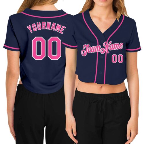 Cropped0131 Custom Women's Navy Pink-White V-Neck Cropped Baseball Jersey