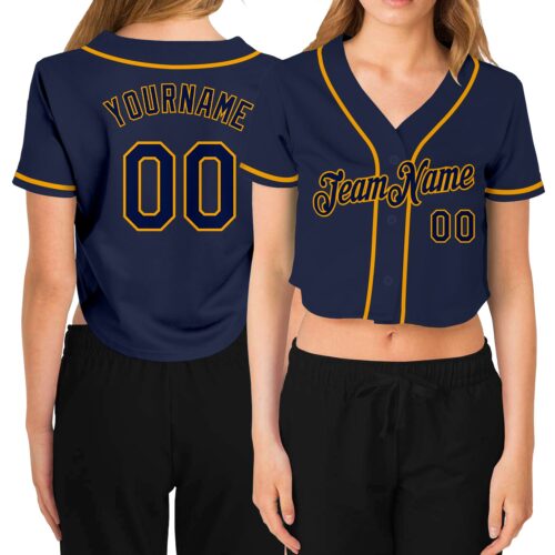 Cropped0132 Custom Women's Navy Navy-Gold V-Neck Cropped Baseball Jersey