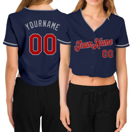 Cropped0134 Custom Women's Navy Red-Gray V-Neck Cropped Baseball Jersey