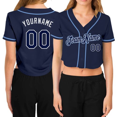 Cropped0135 Custom Women's Navy Navy-White V-Neck Cropped Baseball Jersey