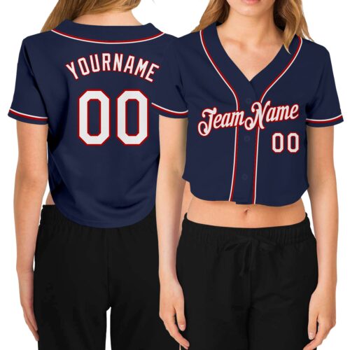 Cropped0140 Custom Women's Navy White-Red V-Neck Cropped Baseball Jersey