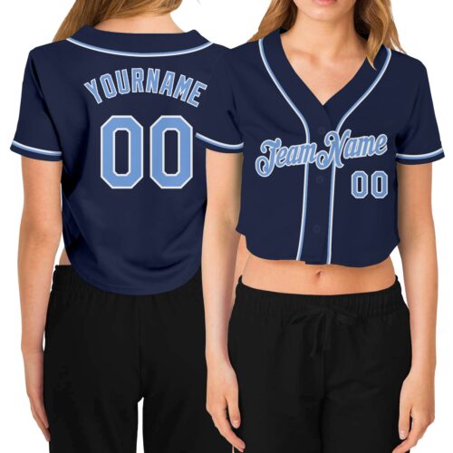 Cropped0141 Custom Women's Navy Light Blue-White V-Neck Cropped Baseball Jersey