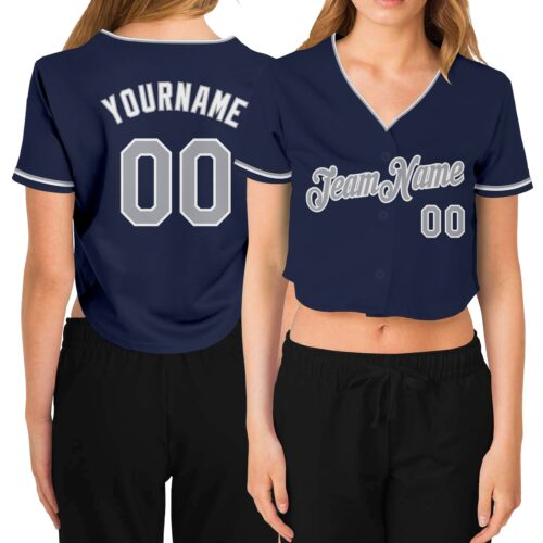 Cropped0142 Custom Women's Navy Gray-White V-Neck Cropped Baseball Jersey
