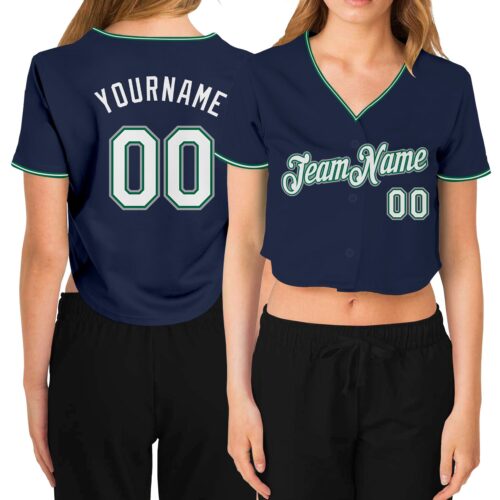 Cropped0143 Custom Women's Navy White Kelly Green-Gray V-Neck Cropped Baseball Jersey