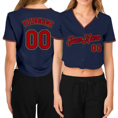 Cropped0144 Custom Women's Navy Red-Old Gold V-Neck Cropped Baseball Jersey