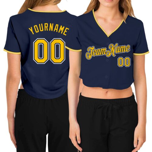 Cropped0147 Custom Women's Navy Gold-White V-Neck Cropped Baseball Jersey