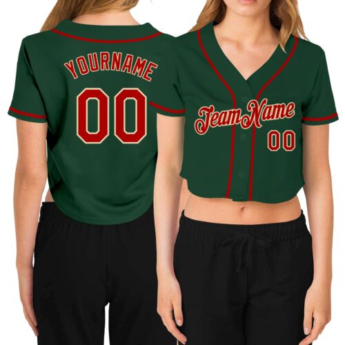 Cropped0149 Custom Women's Green Red-Cream V-Neck Cropped Baseball Jersey