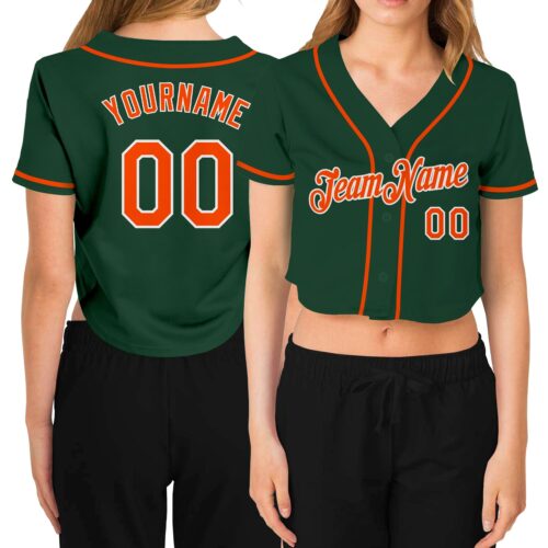 Cropped0150 Custom Women's Green Orange-White V-Neck Cropped Baseball Jersey