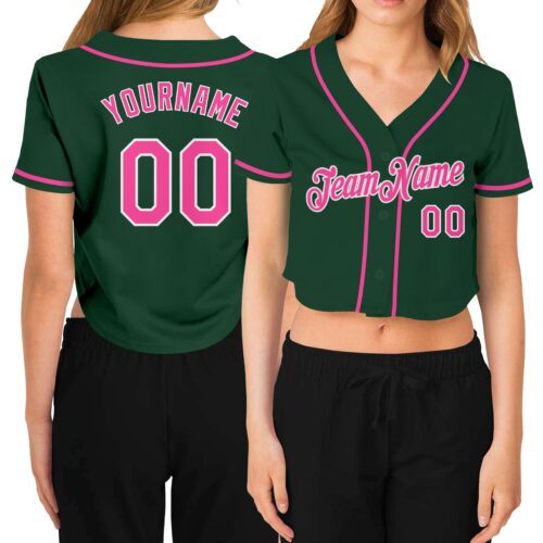 Cropped0151 Custom Women's Green Pink-White V-Neck Cropped Baseball Jersey