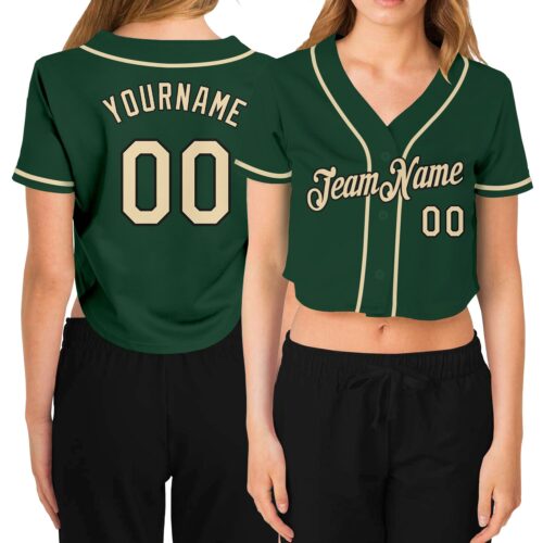 Cropped0152 Custom Women's Green Cream-Black V-Neck Cropped Baseball Jersey
