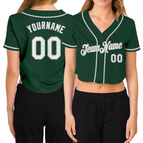 Cropped0154 Custom Women's Green White-Gray V-Neck Cropped Baseball Jersey