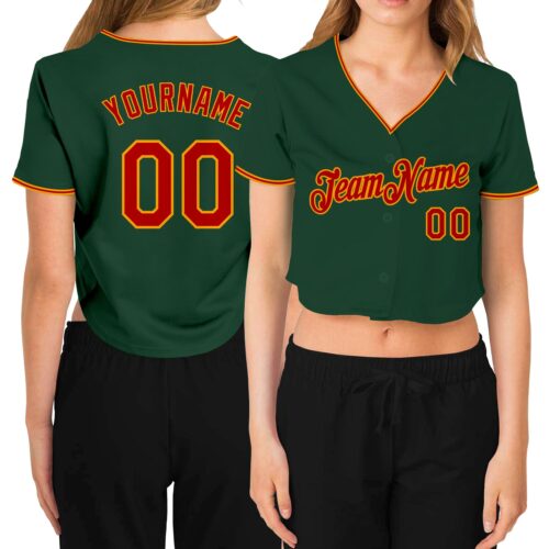 Cropped0157 Custom Women's Green Red-Gold V-Neck Cropped Baseball Jersey