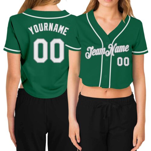 Cropped0158 Custom Women's Kelly Green White-Gray V-Neck Cropped Baseball Jersey