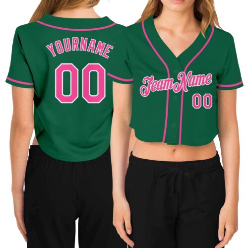 Cropped0159 Custom Women's Kelly Green Pink-White V-Neck Cropped Baseball Jersey
