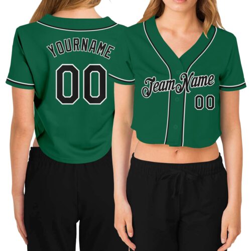 Cropped0163 Custom Women's Kelly Green Black-White V-Neck Cropped Baseball Jersey