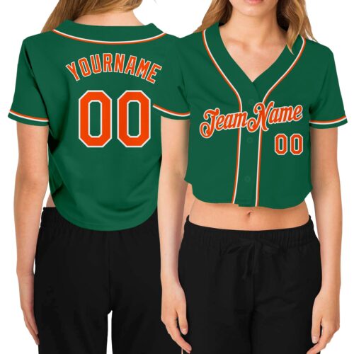 Cropped0164 Custom Women's Kelly Green Orange-White V-Neck Cropped Baseball Jersey