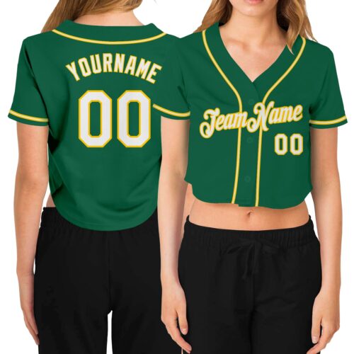 Cropped0165 Custom Women's Kelly Green White-Gold V-Neck Cropped Baseball Jersey
