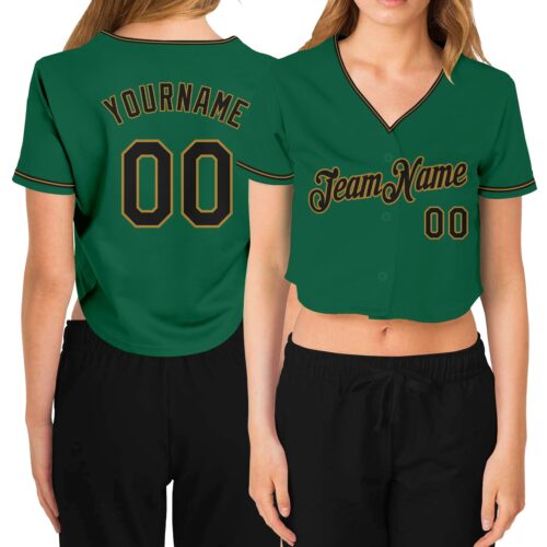 Cropped0166 Custom Women's Kelly Green Black-Old Gold V-Neck Cropped Baseball Jersey