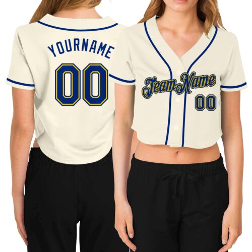 Cropped0168 Custom Women's Cream Royal-Gold V-Neck Cropped Baseball Jersey