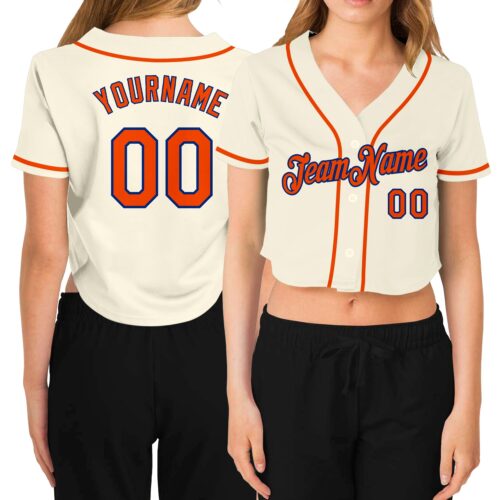 Cropped0169 Custom Women's Cream Orange-Royal V-Neck Cropped Baseball Jersey