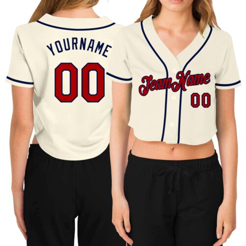 Cropped0170 Custom Women's Cream Red-Navy V-Neck Cropped Baseball Jersey