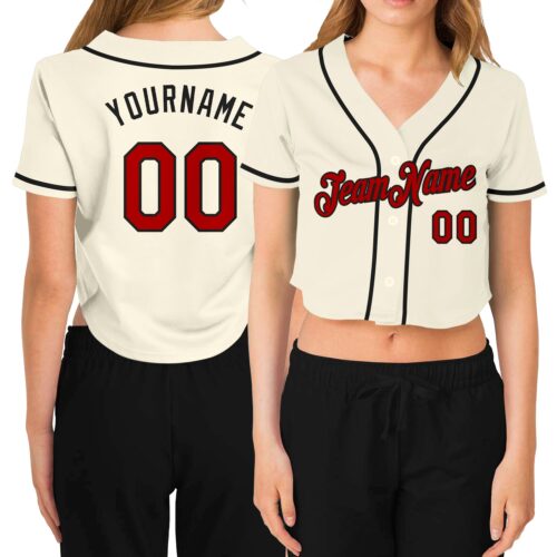 Cropped0171 Custom Women's Cream Red-Black V-Neck Cropped Baseball Jersey