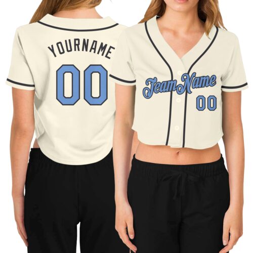Cropped0172 Custom Women's Cream Light Blue-Steel Gray V-Neck Cropped Baseball Jersey