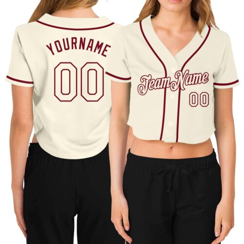 Cropped0174_4a9e43f1-67ed-447c-b97e-72dbc0e4f7f2 Custom Women's Cream Cream-Crimson V-Neck Cropped Baseball Jersey