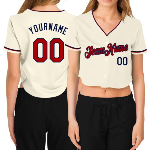 Cropped0175 Custom Women's Cream Red-Navy V-Neck Cropped Baseball Jersey