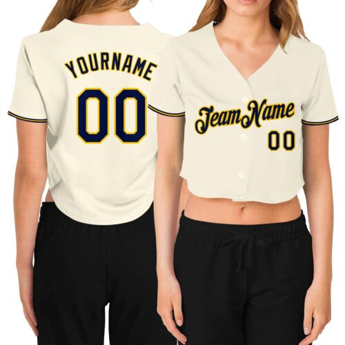 Cropped0176 Custom Women's Cream Navy-Gold V-Neck Cropped Baseball Jersey