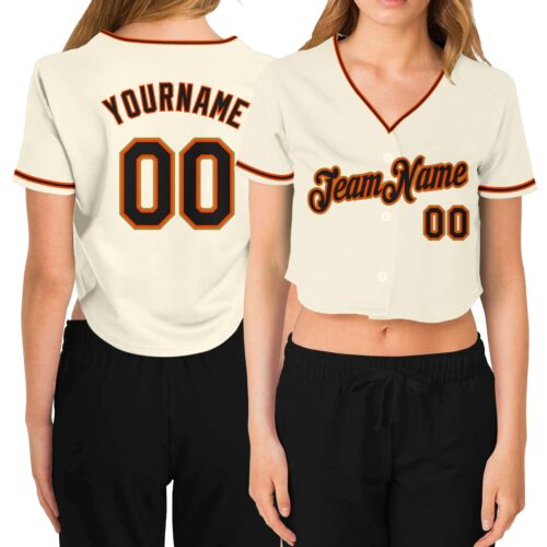 Cropped0177 Custom Women's Cream Black Orange-Old Gold V-Neck Cropped Baseball Jersey