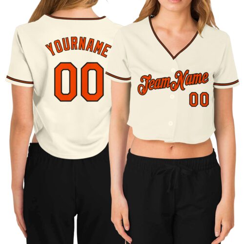 Cropped0178 Custom Women's Cream Orange-Black V-Neck Cropped Baseball Jersey