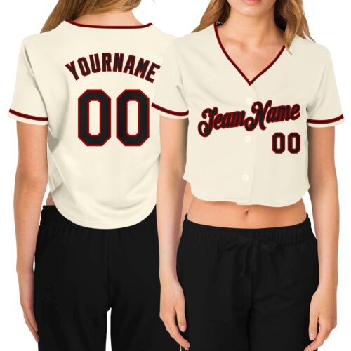 Cropped0179 Custom Women's Cream Black-Red V-Neck Cropped Baseball Jersey