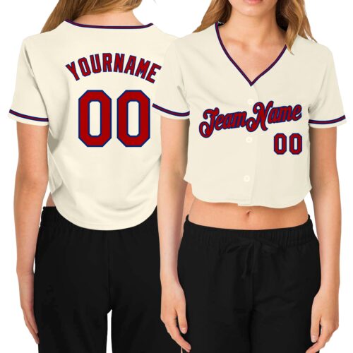 Cropped0180 Custom Women's Cream Red-Royal V-Neck Cropped Baseball Jersey