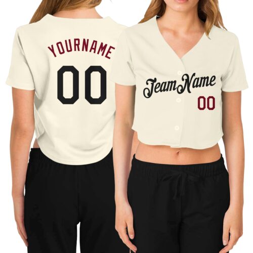 Cropped0181 Custom Women's Cream Black-Crimson V-Neck Cropped Baseball Jersey