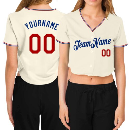 Cropped0182 Custom Women's Cream Red-Royal V-Neck Cropped Baseball Jersey
