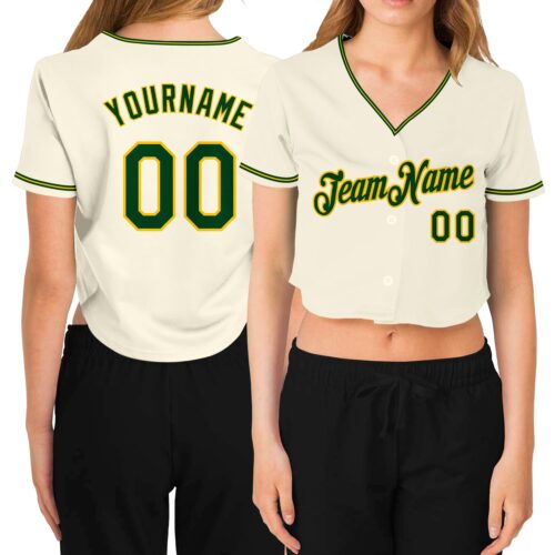 Cropped0183 Custom Women's Cream Green-Gold V-Neck Cropped Baseball Jersey